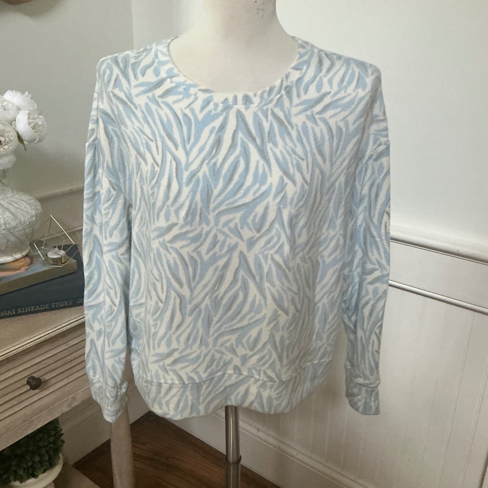 Mary Square Womens Blue White Abstract Zebra Print Pullover Sweatshirt Medium